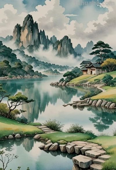 水彩晕染的山水长卷：奇峰映碧湖，云影伴石阶，晕开一派清新生机 - 图画吧TUHUABA