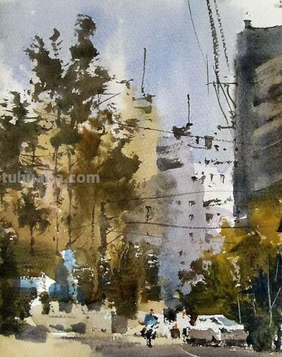 每日一画 | 树色侵衣绿，波光映郭清，写意水彩里的甘河路街景 - 图画吧TUHUABA