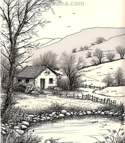 素描画，乡村风景 - 图画吧TUHUABA