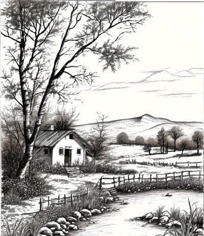 素描画，乡村风景 - 图画吧TUHUABA