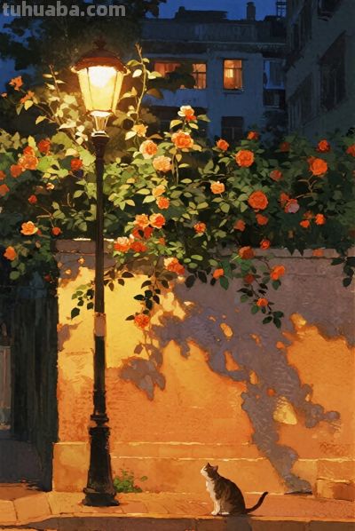 水彩手绘，夜景，路灯下有一只小猫抬头看路灯，蔷薇，楼房 - 今日头条