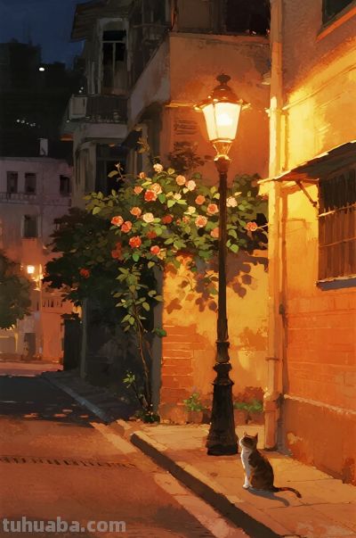 水彩手绘，夜景，路灯下有一只小猫抬头看路灯，蔷薇，楼房 - 图画吧TUHUABA