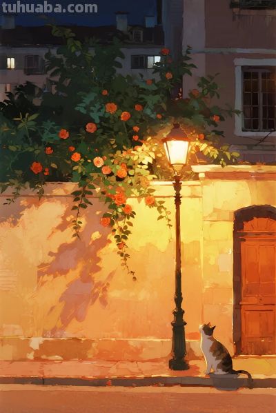 水彩手绘，夜景，路灯下有一只小猫抬头看路灯，蔷薇，楼房 - 图画吧TUHUABA