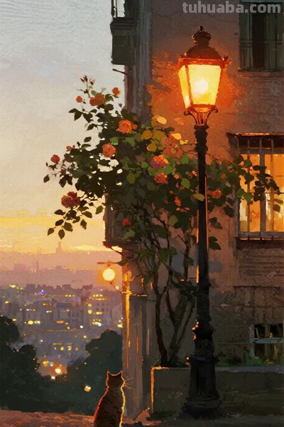 水彩手绘，夜景，路灯下有一只小猫抬头看路灯，蔷薇，楼房 - 图画吧TUHUABA