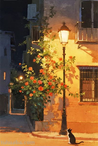 水彩手绘，夜景，路灯下有一只小猫抬头看路灯，蔷薇，楼房 - 图画吧TUHUABA