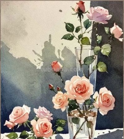 水彩·光照进玫瑰 - 图画吧TUHUABA