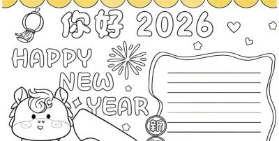 2026元旦手抄报模板，可打印涂色可彩印 - 图画吧TUHUABA