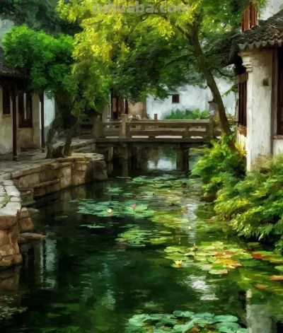 水彩江南古镇庭院 - 图画吧TUHUABA