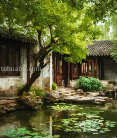 水彩江南古镇庭院 - 图画吧TUHUABA