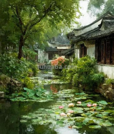 水彩江南古镇庭院 - 图画吧TUHUABA
