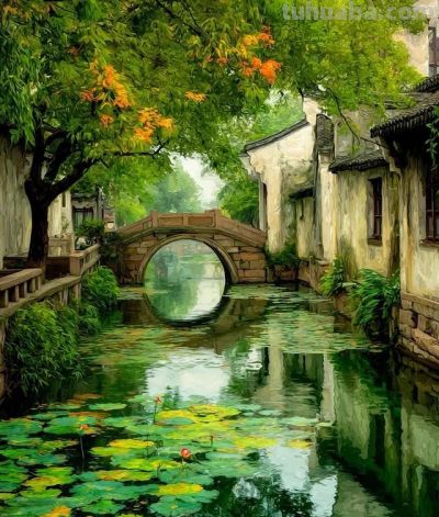 水彩江南古镇庭院 - 图画吧TUHUABA