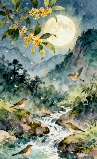 水彩插画‖人闲桂花落,夜静春山空,月出惊山鸟,时鸣春涧中 - 今日头条 水彩插画‖人闲桂花落,夜静春山空,月出惊山鸟,时鸣春涧中 - 图画吧TUHUABA