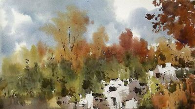 每日一画 | 看万山红遍，层林尽染，大写意水彩里的秋山村落 - 图画吧TUHUABA