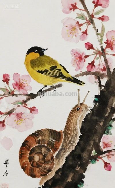 蜗牛与黄鹂鸟｜水彩插画 - 图画吧TUHUABA
