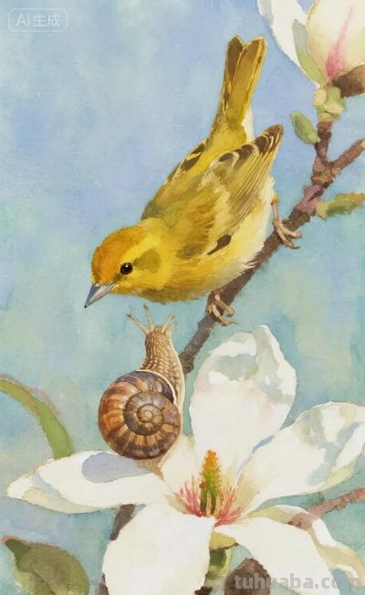 蜗牛与黄鹂鸟｜水彩插画 - 图画吧TUHUABA