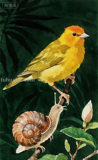 蜗牛与黄鹂鸟｜水彩插画 - 图画吧TUHUABA