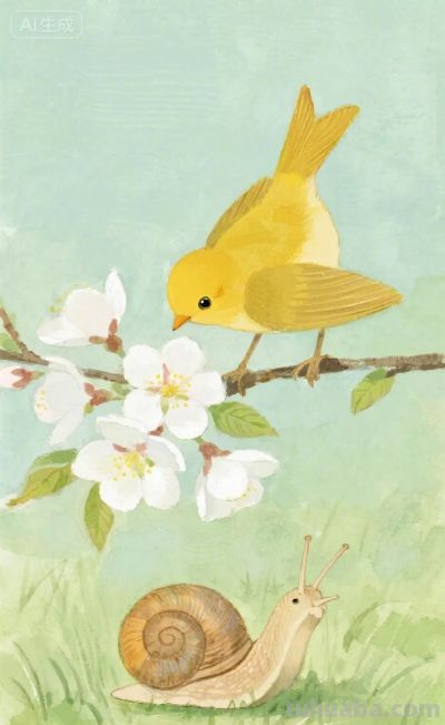 蜗牛与黄鹂鸟｜水彩插画 - 图画吧TUHUABA