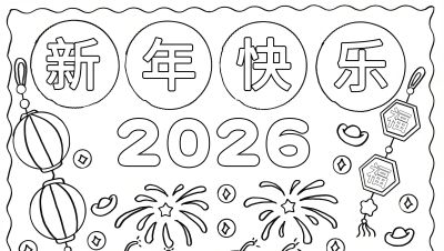 2026年元旦新年画报手抄报简笔画模板线稿绘画模板 - 图画吧TUHUABA