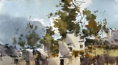 每日一画 | 远村秋色如画，红树间疏黄，水彩晕染的山村旧梦 - 图画吧TUHUABA