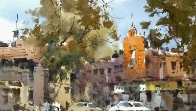 每日一画 | 楼阁参差倚夕阳 街衢如带树苍苍 水彩里的上海街景温柔 - 图画吧TUHUABA