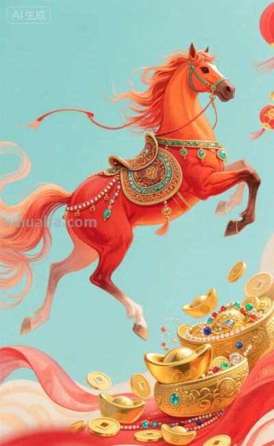 水彩跃马·聚宝迎新 - 图画吧TUHUABA