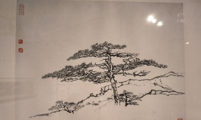 毛笔速写 《松柏图》一笔见神韵，铅笔速写《山水》。展览现场实拍 - 图画吧TUHUABA