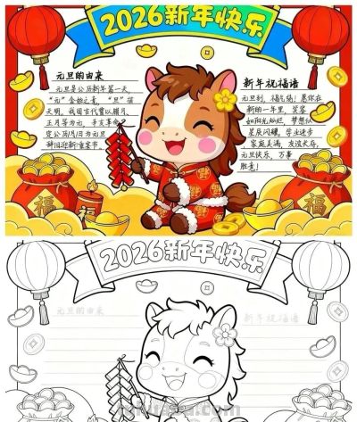 精选81张高级感元旦+新年主题范画和手抄报，值得收藏！ - 图画吧TUHUABA