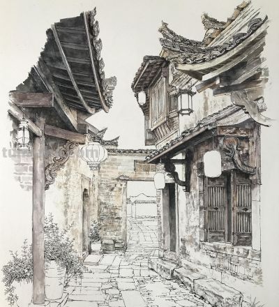 中国式的钢笔水彩风景，古镇里的细节 - 图画吧TUHUABA