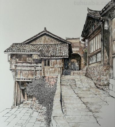 中国式的钢笔水彩风景，古镇里的细节 - 图画吧TUHUABA