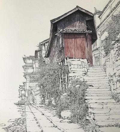 中国式的钢笔水彩风景，古镇里的细节 - 图画吧TUHUABA