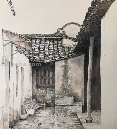 中国式的钢笔水彩风景，古镇里的细节 - 图画吧TUHUABA