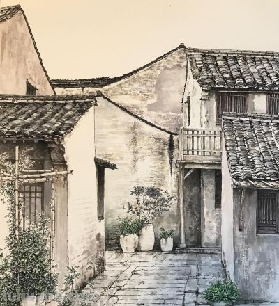 中国式的钢笔水彩风景，古镇里的细节 - 图画吧TUHUABA