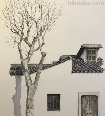 中国式的钢笔水彩风景，古镇里的细节 - 图画吧TUHUABA