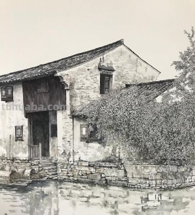 中国式的钢笔水彩风景，古镇里的细节 - 图画吧TUHUABA