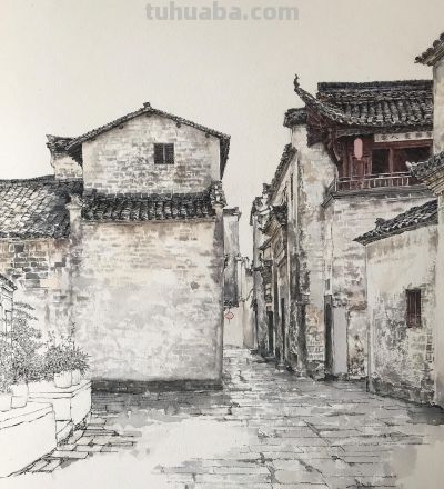 中国式的钢笔水彩风景，古镇里的细节 - 图画吧TUHUABA