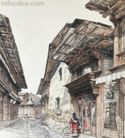中国式的钢笔水彩风景，古镇里的细节 - 图画吧TUHUABA