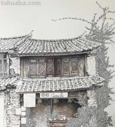 中国式的钢笔水彩风景，古镇里的细节 - 图画吧TUHUABA