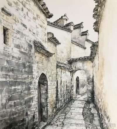 中国式的钢笔水彩风景，古镇里的细节 - 图画吧TUHUABA