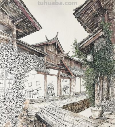 中国式的钢笔水彩风景，古镇里的细节 - 图画吧TUHUABA