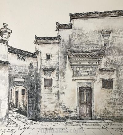 中国式的钢笔水彩风景，古镇里的细节 - 图画吧TUHUABA