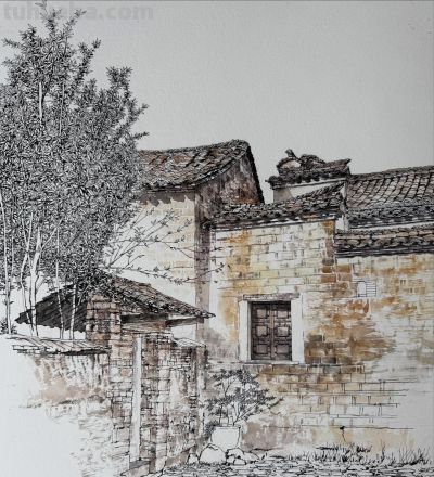 中国式的钢笔水彩风景，古镇里的细节 - 图画吧TUHUABA