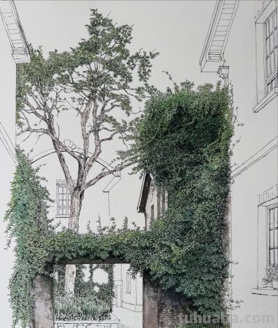 中国式的钢笔水彩风景，古镇里的细节 - 图画吧TUHUABA