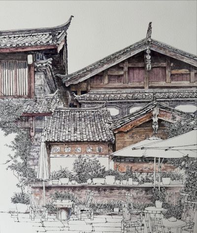 中国式的钢笔水彩风景，古镇里的细节 - 图画吧TUHUABA