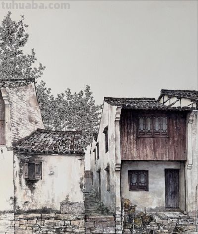 中国式的钢笔水彩风景，古镇里的细节 - 图画吧TUHUABA