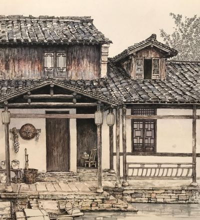 中国式的钢笔水彩风景，古镇里的细节 - 图画吧TUHUABA