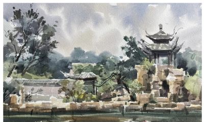 邓小山2025水彩写生新作亮相：古桥、老树、城墙里的诗意中国 - 图画吧TUHUABA