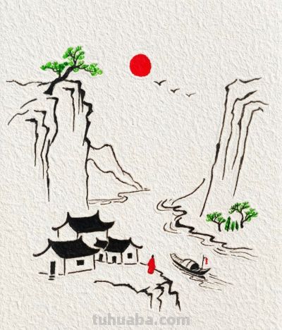 碧峰托起新日苍崖悬柏 石涧清响涤尘心丨燕子古风简笔画分享 - 今日头条