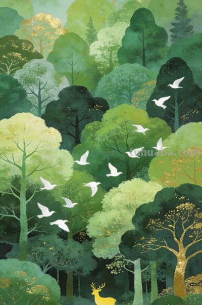森系水彩插画，金箔点缀，治愈森林 - 图画吧TUHUABA