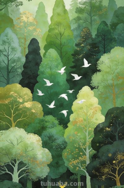 森系水彩插画，金箔点缀，治愈森林 - 图画吧TUHUABA