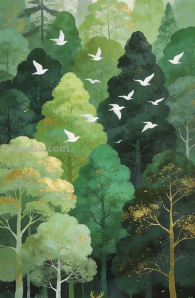 森系水彩插画，金箔点缀，治愈森林 - 图画吧TUHUABA
